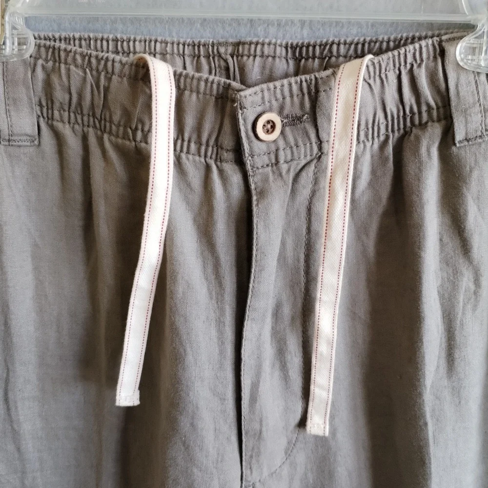 Caribbean Mens Linen Pants 36x32 (Fits 34x32) Tan Beige Elastic Waist Flat Front
